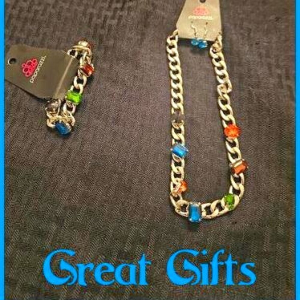 Beautiful Chunky Silver Chain Necklace and Bracelet Set with Colorful Rhinestone